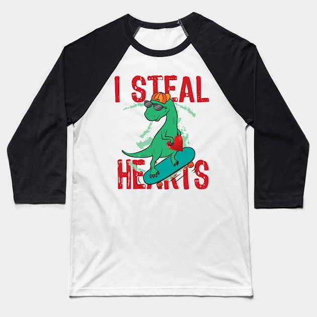 Kids I Steal Hearts Trex Dino Baby Boy Valentines Day Baseball T-Shirt by yassinebd